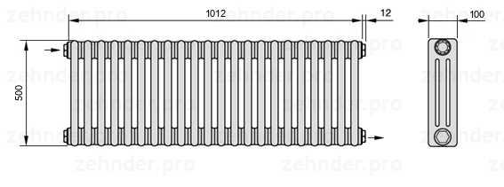Схема (чертеж) Радиатор Zehnder Charleston 3050/22 №1670 Белый глянцевый RAL 9016